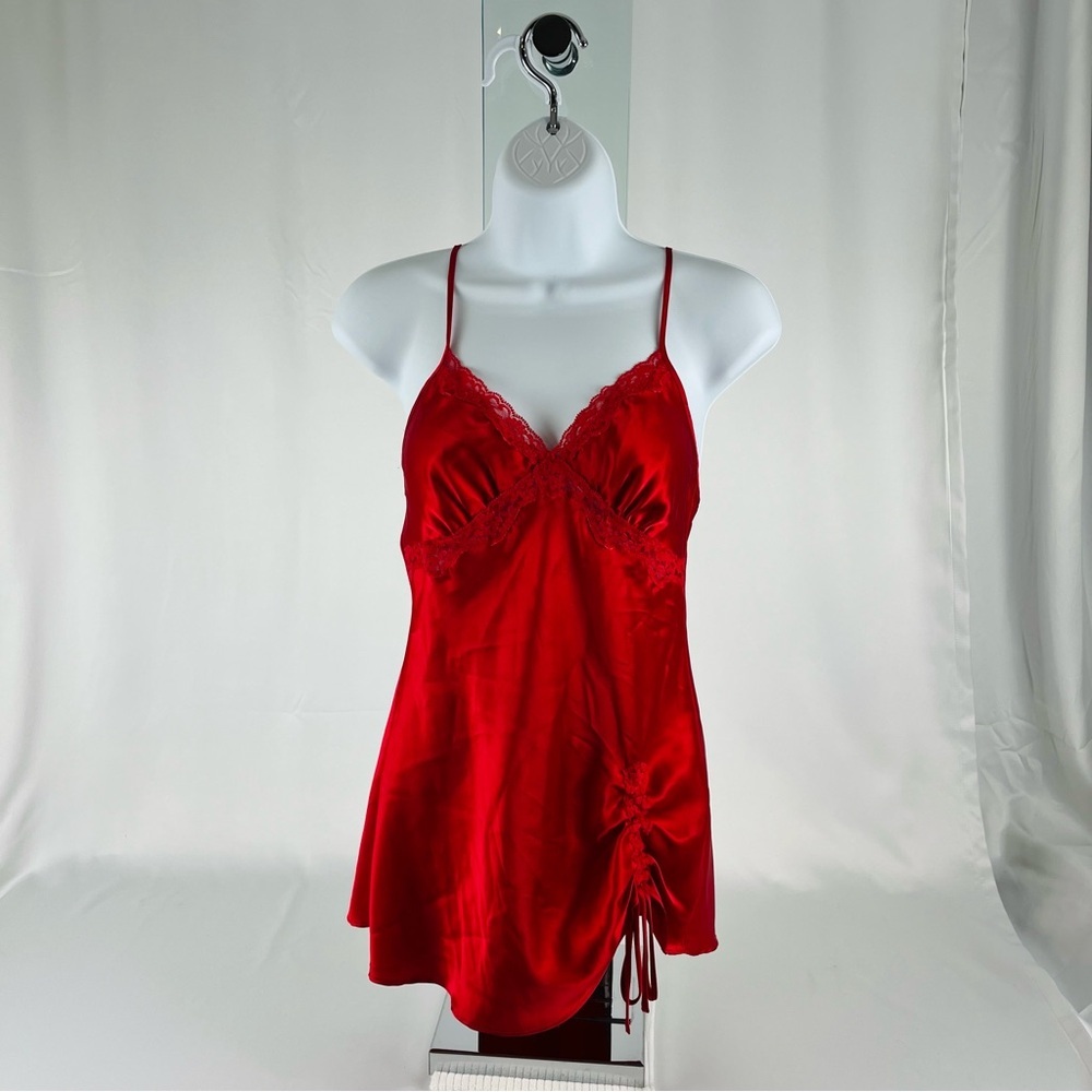 Victoria's Secret Satin Tease Lace-Trim Side Ruching Slip Mini Babydoll XS Red